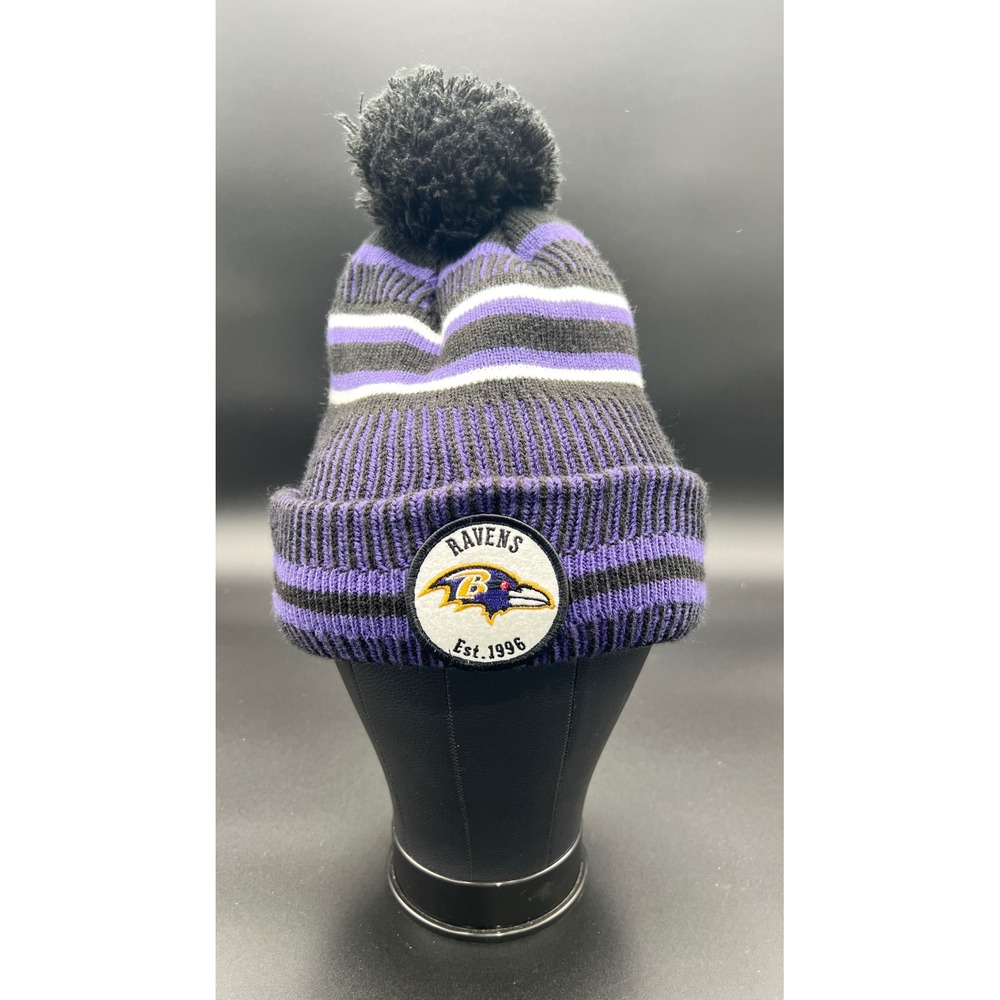 Baltimore Ravens New Era NFL 100 Cuffed Pom Beanie Hat Purple Black Striped OSFM